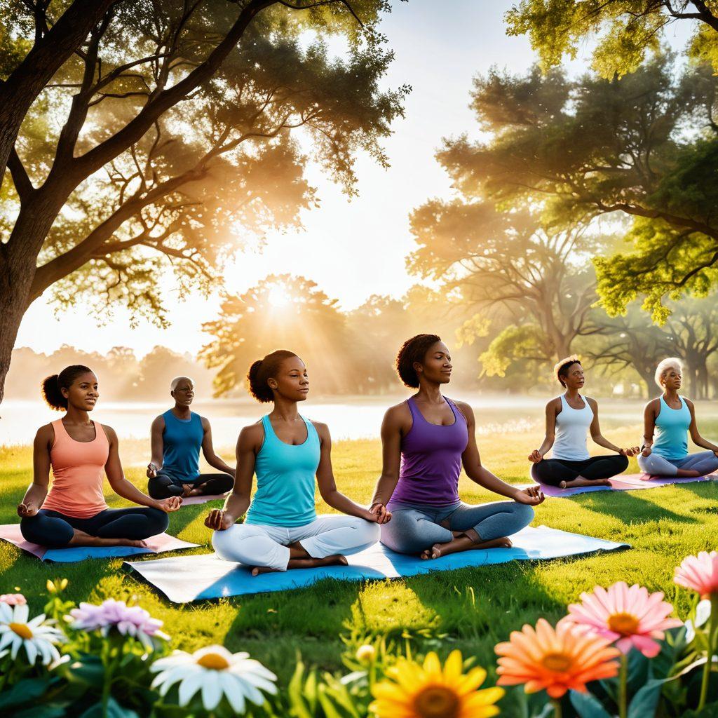 A serene landscape depicting a sunrise over a peaceful park, where diverse individuals of varying ages joyfully engage in healthy activities like yoga, jogging, and meditation. In the foreground, a group of cancer survivors shares inspiring stories while holding vibrant flowers, symbolizing hope and resilience. Surround the scene with soft colors and ethereal light, conveying a sense of healing and community. Illustrate the concept of preventive care through elements like healthy foods and medical symbols subtly interwoven. super-realistic. vibrant colors. soft focus.