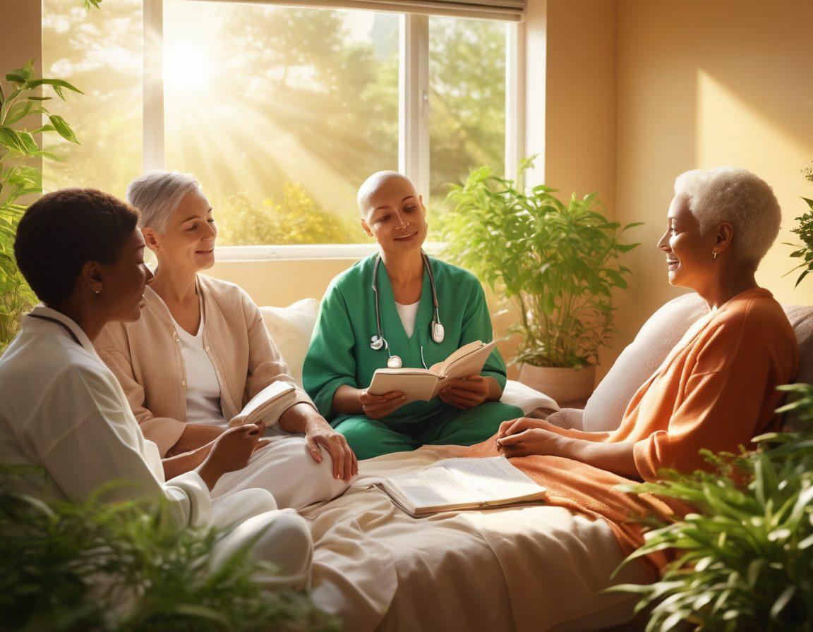 An uplifting scene depicting a diverse group of people engaging in supportive cancer care, with a bright atmosphere symbolizing hope. Integrate elements of nature, such as green plants and sunlight filtering through, signifying holistic healing. Include visuals of informative books and personal interactions, illustrating the journey of empowerment and knowledge in battling carcinoma. super-realistic. vibrant colors. warm tones.